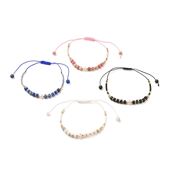 Adjustable Nylon Thread Braided Bead Bracelets, with Column Gemstone Beads, Natural Pearl Beads, Glass Beads and Brass Beads