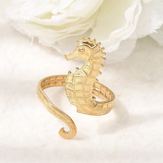 304 Stainless Steel Cuff Open Rings for Women, Sea Horse