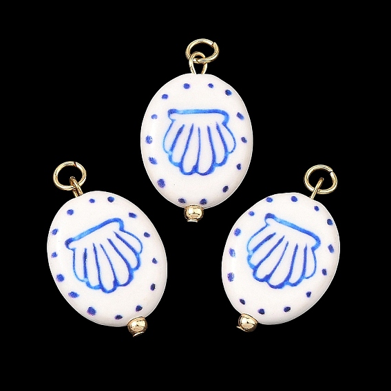 Handmade Porcelain with 304 Stainless Steel Pendants, Oval with Shell Shape Charms, Golden