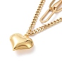 304 Stainless Steel Double Chains Multi Layered Necklace with Heart Charm for Women
