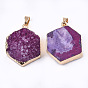 Electroplate Natural Druzy Agate Pendants, with Iron Findings, Dyed, Hexagon, Golden
