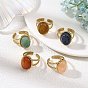 Conjunto de anillos de brazalete abiertos de acero inoxidable con piedras preciosas mixtas naturales para mujer., oval