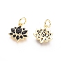 Brass Micro Pave Cubic Zirconia Charms, with Jump Rings, Lotus, Black