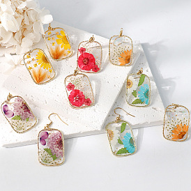 Прямоугольные серьги-подвески из смолы и сушеных цветов, золотые