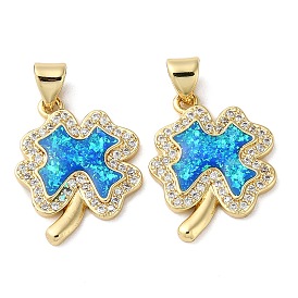 Brass Micro Pave Blue Cubic Zirconia Pendants, with Shell, Clover