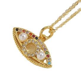 Cubic Zircon Pendant Necklace with Shell Pearl, Real 14K Gold Plated Brass Evil Eyes Jewelry for Women
