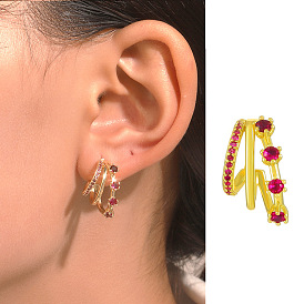 Vintage Chic Pink Zircon Earrings - Multi-layered C-shaped Metal Studs for Elegant Style