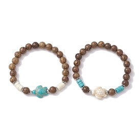 2Pcs 2 Colors Beach Tortoise Synthetic Turquoise Bracelets, 8mm Wenge Wood Round Beaded Stackable Stretch Bracelets for Women