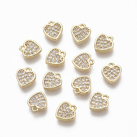 Brass Micro Pave Clear Cubic Zirconia Charms, Nickel Free,  Heart
