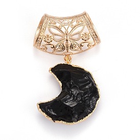 Gros pendentifs en obsidienne naturelles, avec les accessoires en alliage, sans plomb et sans cadmium, lune