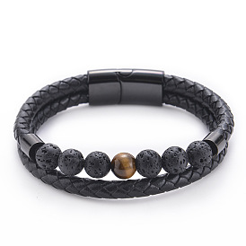 Vintage Leather and Natural Stone Men's Bracelet with Stainless Steel Magnetic Clasp