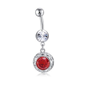 Brass Cubic Zirconia Navel Ring, Belly Rings, with 304 Stainless Steel Bar, Cadmium Free & Lead Free, Flat Round