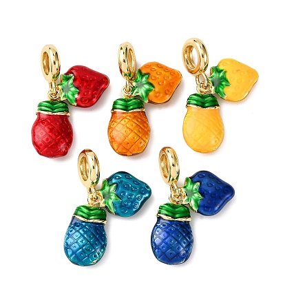 Латунные эмалированные европейские подвески с подвесками, подвески с большим отверстием в виде ананаса и клубники, долговечный, стойки покрытие, без кадмия и без свинца, реальный 18 k позолоченный