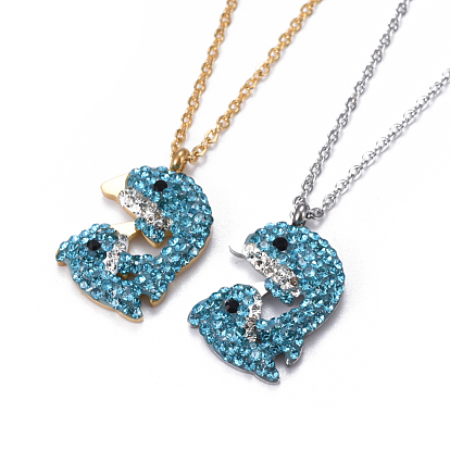 304 подвесные из нержавеющей стали ожерелья, с полимерной глиной горный хрусталь, дельфин