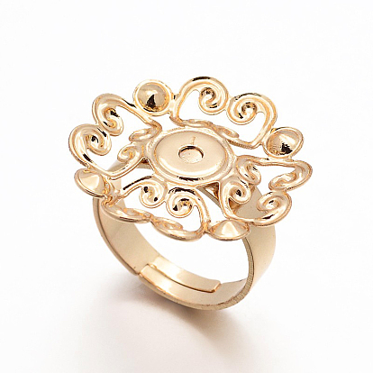 Adjustable Brass Filigree Ring Setting Components, Long-Lasting Plated, Flower Pad Ring Bases, 17mm, Tay: 24x0.6mm