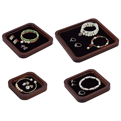 4Pcs 4 Styles Square Wood Display Trays for Rings Earrings Bracelets, with Velvet Mat