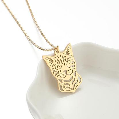 201 Stainless Steel Cutout Cat Shaped Pendant Necklaces for Unisex