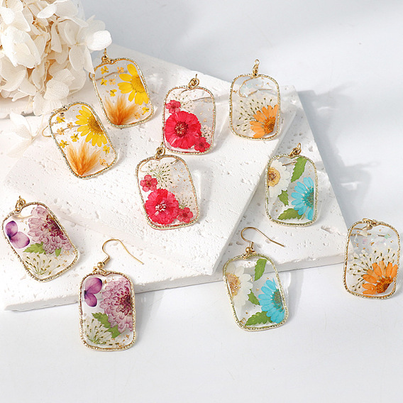 Прямоугольные серьги-подвески из смолы и сушеных цветов, золотые