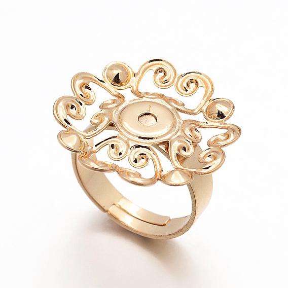 Adjustable Brass Filigree Ring Setting Components, Long-Lasting Plated, Flower Pad Ring Bases, 17mm, Tay: 24x0.6mm