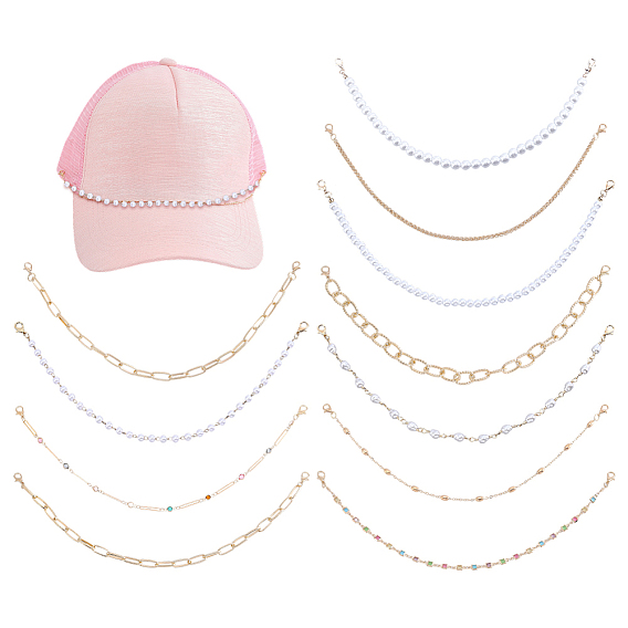 3Bags 3 Styles Brass & Iron & Plastic Pearl Hat Chains, with Acrylic Rhinestone, for Hat Accessories, Mixed Shapes