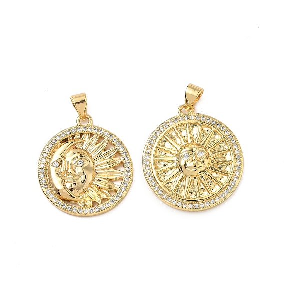 Латунные микро проложить кубического циркония подвески, плоские круглые с солнцем, без кадмия и без свинца, долговечный, стойки покрытие