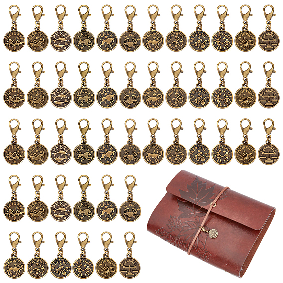 72Pcs Flat Round & Twelve Constellations Alloy Pendant Decorations, with Lobster Claw Clasps