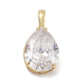 Brass Micro Pave Clear Cubic Zirconia Pendants, Teardrop Charms, Rack Plating, Long-Lasting Plated, Cadmium Free & Lead Free, Single Stone Charms