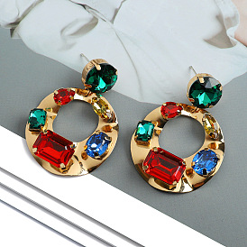 Elegant Court Style Round Metal Inlaid Diamond Earrings for Women with Personality and Design Sense, Colorful Ear Decorations
