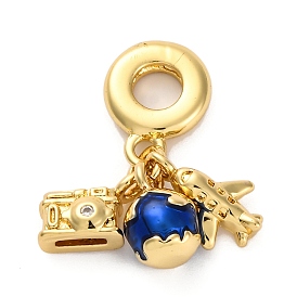 Brass Blue Enamel European Dangle Charms, Clear Cubic Zirconia Plane & Earth & Camera Large Hole Pendants