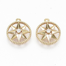 Brass Micro Pave Clear Cubic Zirconia Charms, Nickel Free, Real 18K Gold Plated, Ring With Star