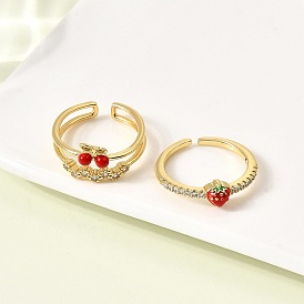 Латунные эмалевые микропаве прозрачные кубические цирконии открытые манжеты кольца для женщин, без кадмия и без свинца, клубника/вишня