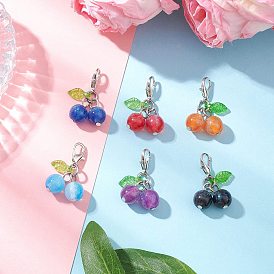 6Pcs 6 Colors Imitation Cat Eye Resin & Acrylic Pendant Decorations, Cherry, with Alloy Lobster Claw Clasps