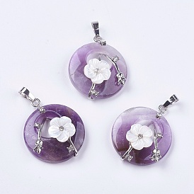 Gemstone Pendants, with Shell, Rhinestone and Platinum Tone Brass Findings, Flat Round with Flower