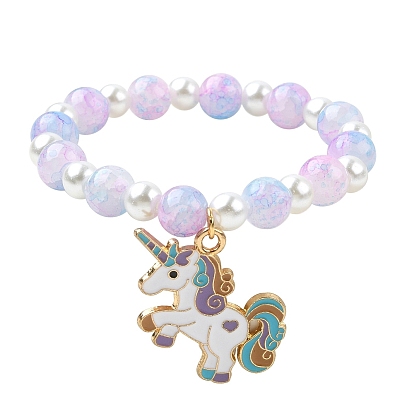 Glass Beaded Stretch Bracelet with Alloy Enamel Unicorn Charm for Kids
