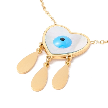 Ion Plating(IP) 304 Stainless Steel Heart with Teardrop Pendant Necklace, Evil Eye Shell Pendant with Enamel Necklace for Women, Golden