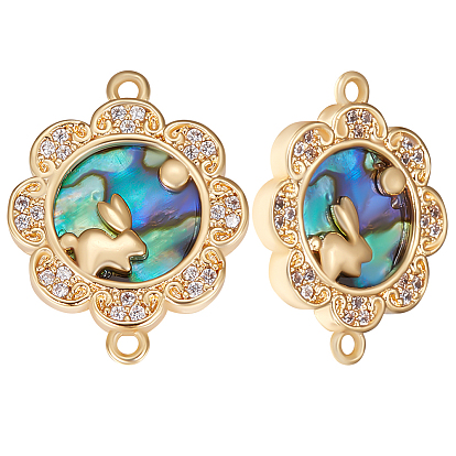 5 Шт. латунь Micro Pave прозрачный кубический цирконий соединительные подвески, с синтетической оболочкой морского ушка/пауа, без никеля , цветок