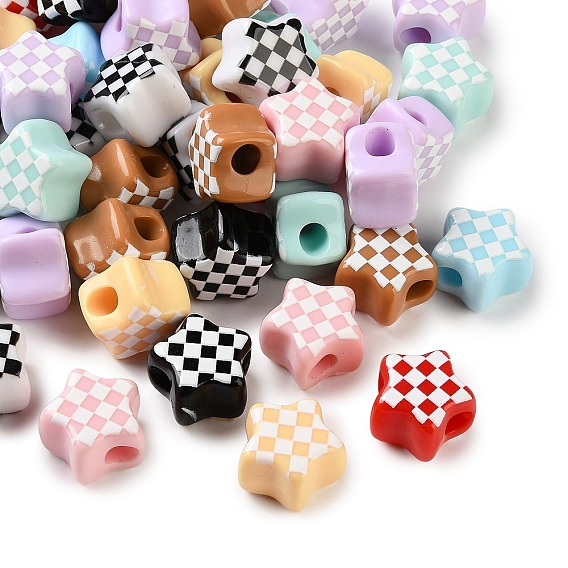 Printed Opaque Acrylic European Beads, Large Hole Beads, Tartan Star