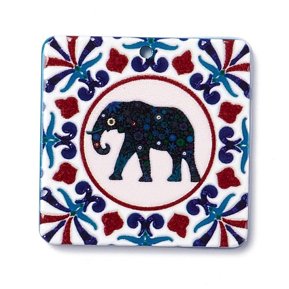 Embossed Retro Acrylic Pendants, for Earring Making, Square with Elephant Pattern