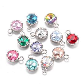 304 Stainless Steel Glass Rhinestone Charms, Faceted, Flat Round