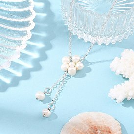 Natural Cultured Freshwater Pearl Beaded Flower Pendant Brass Cable Chain Necklaces for Women, Floral White