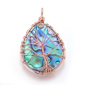 Coquille d'ormeau / paua shellwire enveloppé de grands pendentifs, avec les accessoires en laiton, goutte d'eau avec arbre