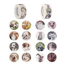 4 Rolls 2 Style Cat & Pet Dog Pattern Self-Adhesive Kraft Paper Stickers, Flat Round Adhesive Labels Roll Stickers, Gift Tag