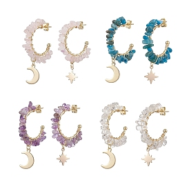 Moon & Star Natural Mixed Gemstone Chip Dangle Half Hoop Earrings, Asymmetrical Stud Earrings, Brass Jewelry for Women