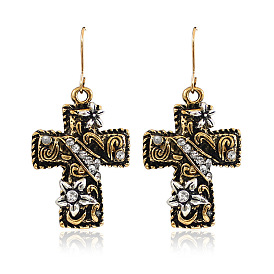 Vintage Palace Style Cross Earrings with Rhinestone and Floral Design