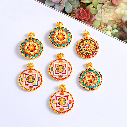 Brass Pendant, with Enamel, Flat Round with Mandala Pattern, Golden