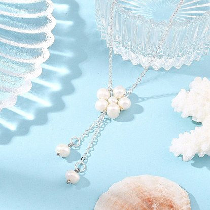Natural Cultured Freshwater Pearl Beaded Flower Pendant Brass Cable Chain Necklaces for Women, Floral White