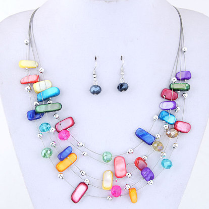 Exaggerated Crystal Turquoise Shell Multi-layer Necklace Earring Set for Women