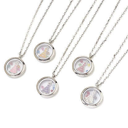 Collares colgantes de cadena veneciana de acero inoxidable 304, Con colgantes de aleación y cuentas de cristal checo., Redondo plano con el árbol de Navidad