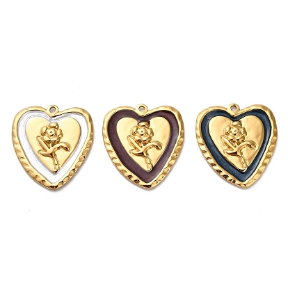 304 подвески из нержавеющей стали, Сердце со цветками , с эмалью, реальный 18 k позолоченный, ионное покрытие (ip)