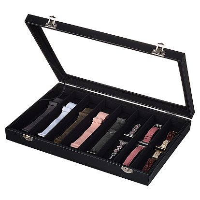 8 Grids PU Leather Jewelry Watch Band Organizer Display Boxes, with Velvet Inside and Glass Window & Alloy Findings, Rectangle